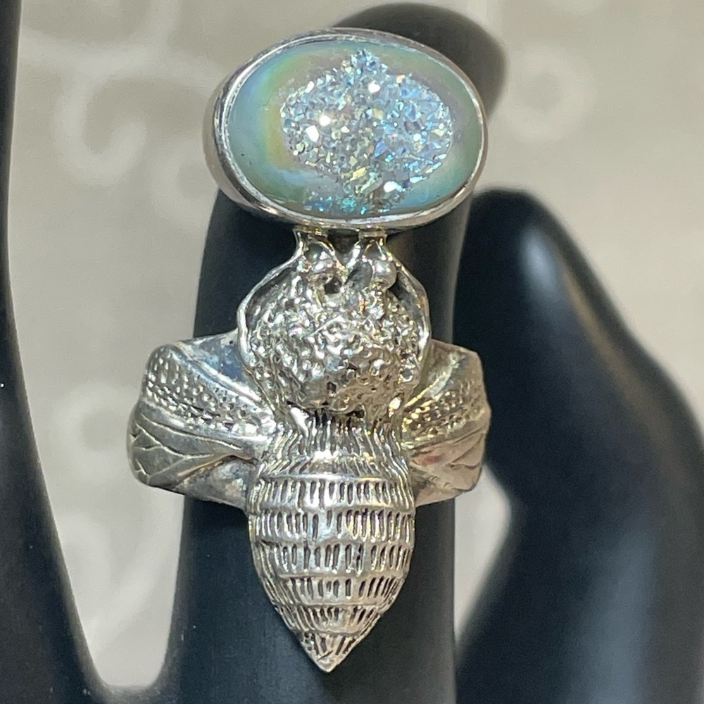 Designer AKR Sterling Silver 925 Druzy Quartz Bumble Bee Ring.  Size 6.5